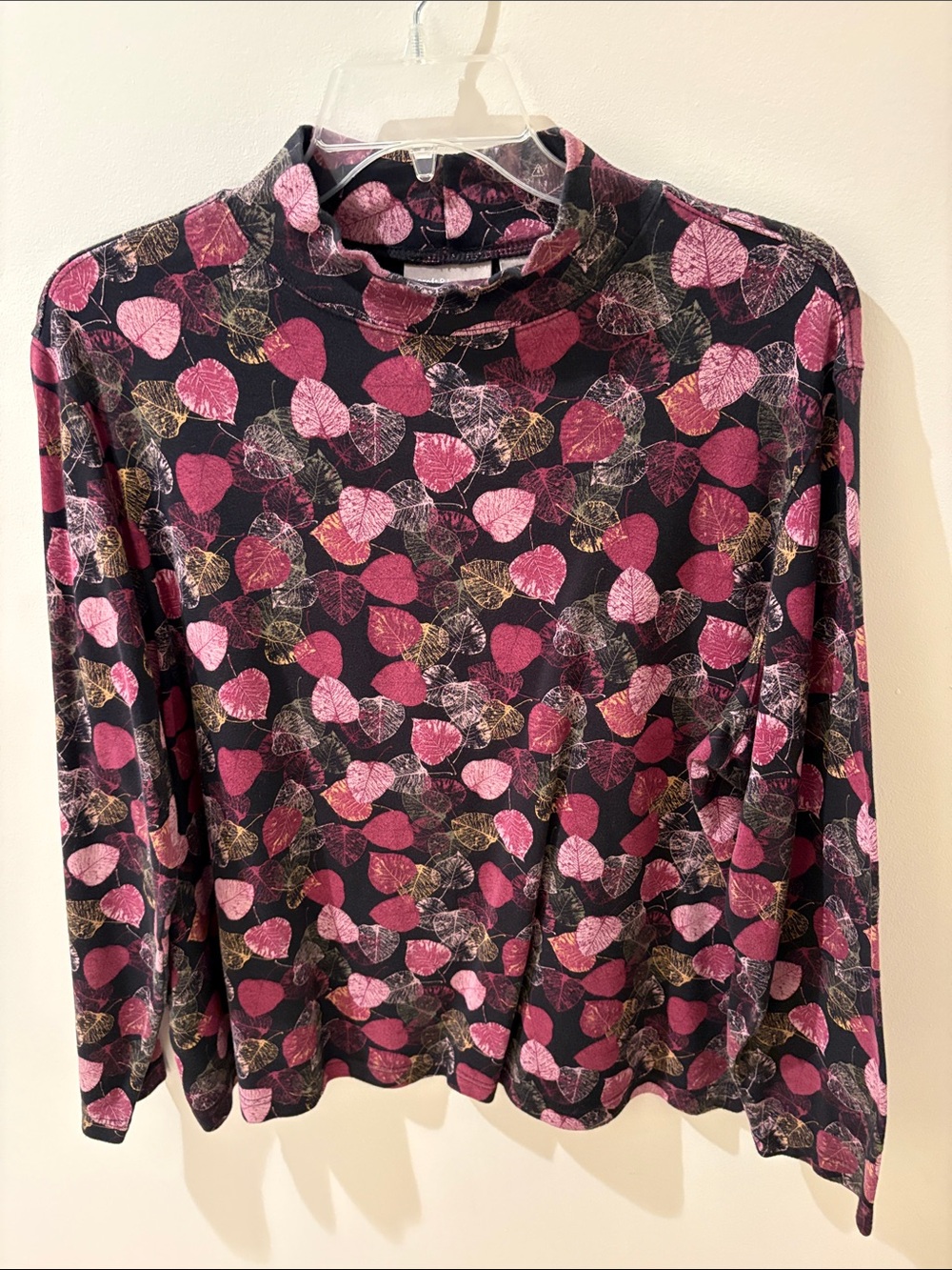croft & barrow Black Mock Neck Top with Pink Leaf Motif